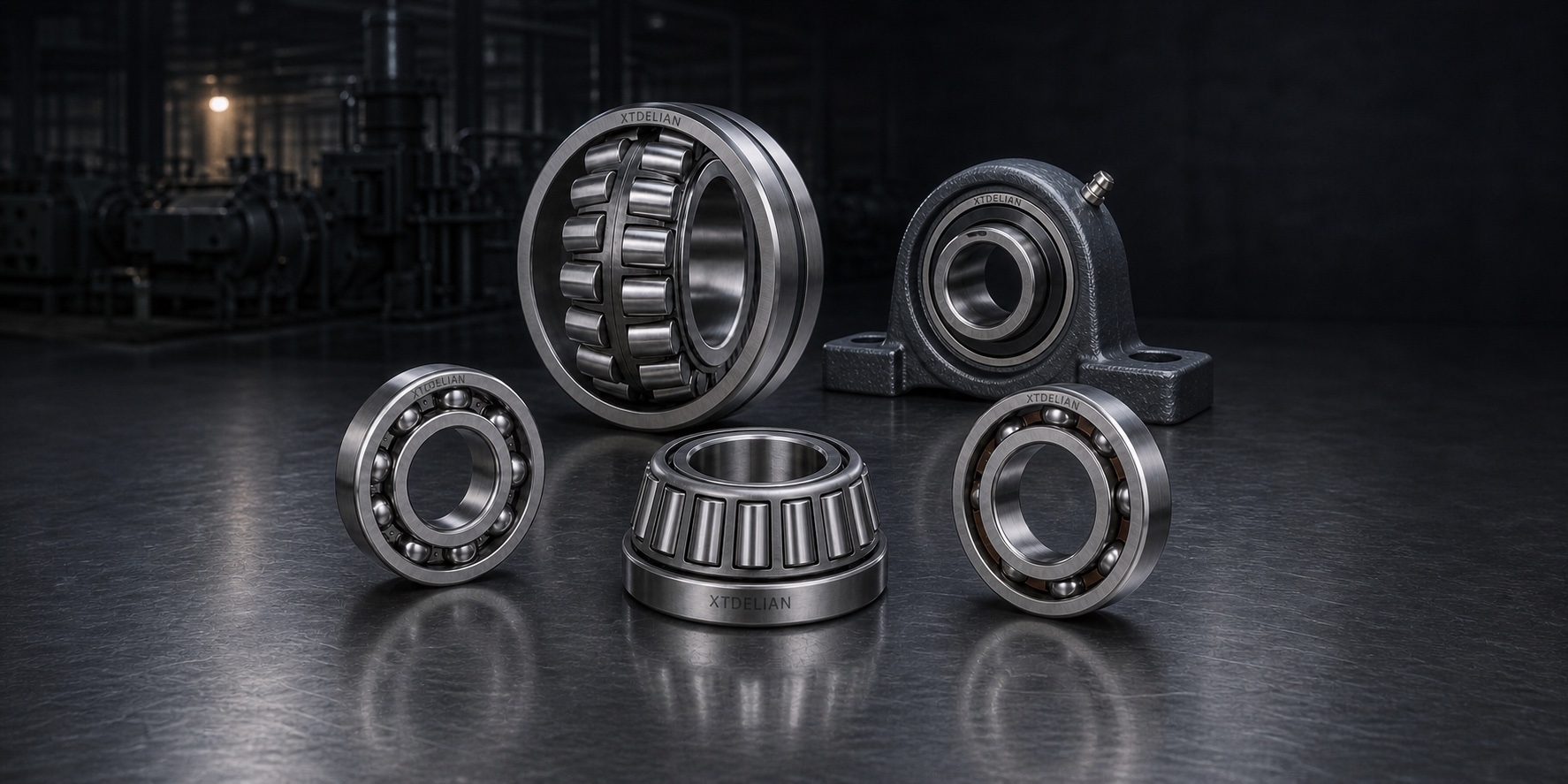 Five XTDELIAN laser-marked bearing categories including ball, tapered, spherical roller and mounted bearings