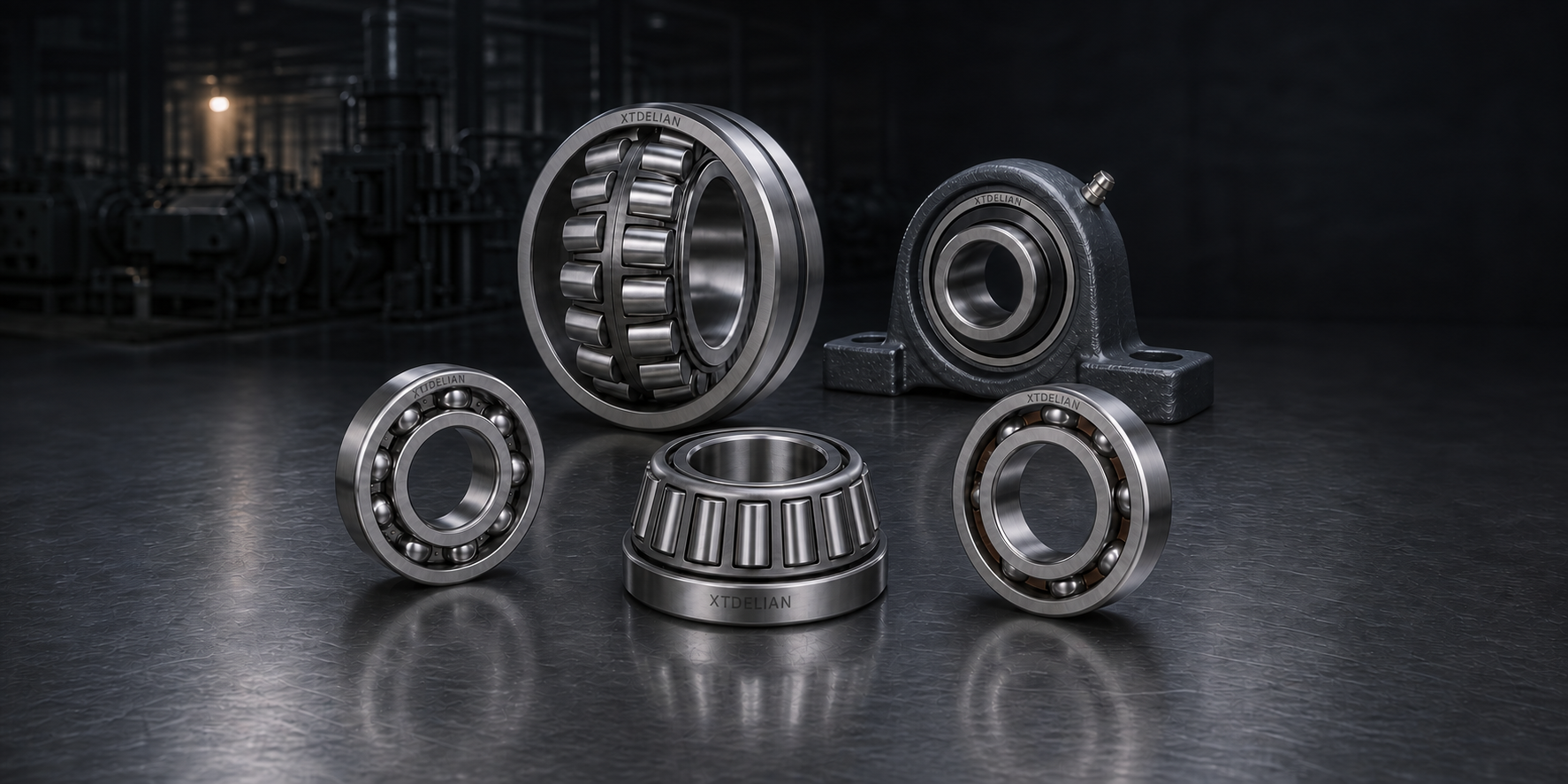 Five XTDELIAN laser-marked bearing categories including ball, tapered, spherical roller and mounted bearings